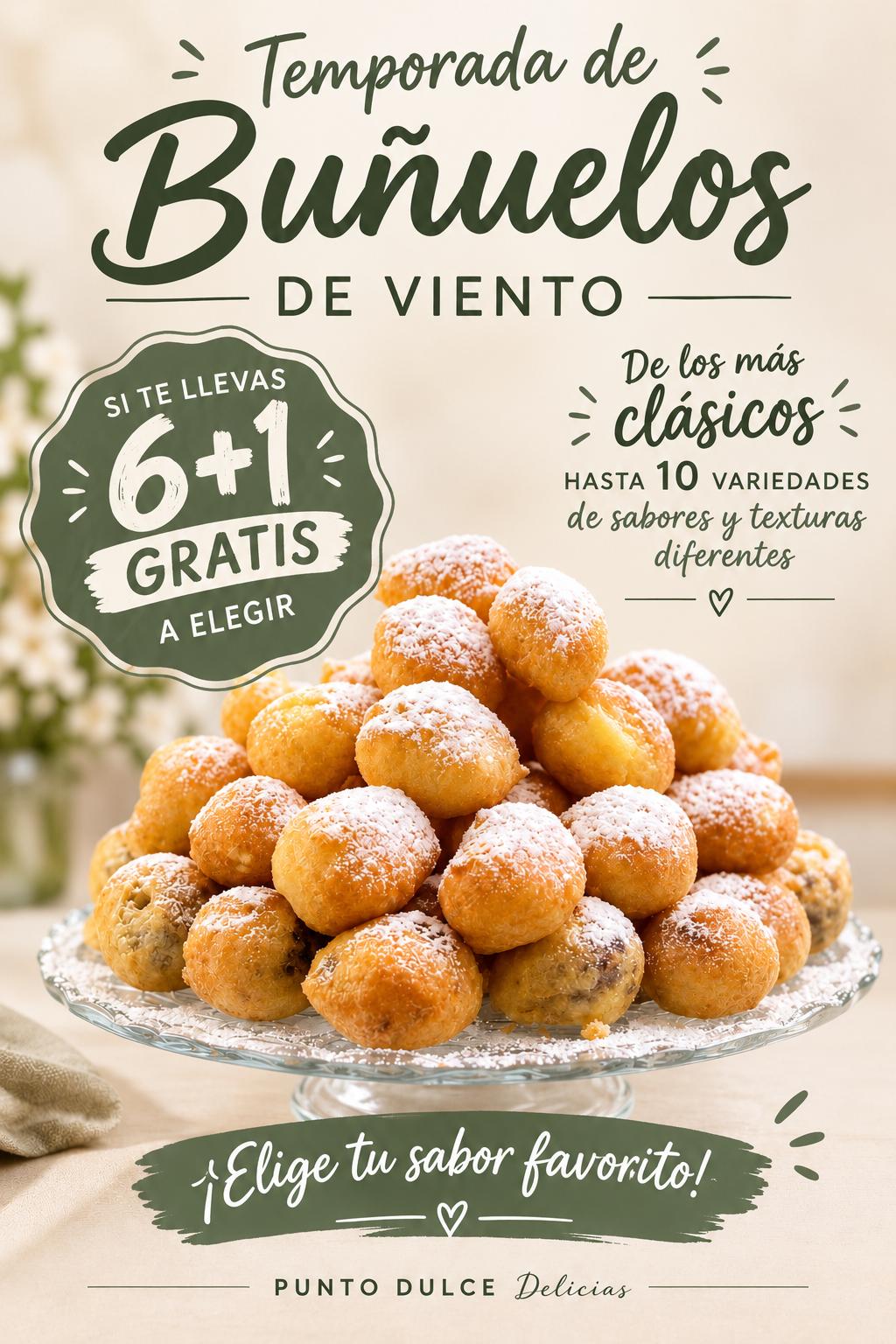 Cartel de la temporada de buñuelos de viento de Punto Dulce Delicias: viernes y sábados, 6+1 gratis y hasta 10 variedades.